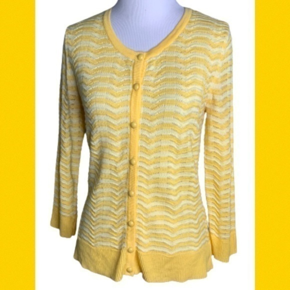 New York & Company Yellow White Stripe Open Knit Lightweight Sweater Cardigan S